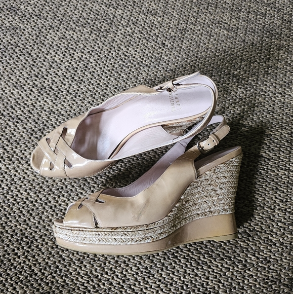 Stuart Weitzman Patent Leather Slingback Woven Wedge Platform Wedges - Picture 9 of 16